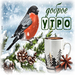 Гиф-открытка с птичкой и кофе Доброе утро