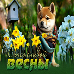 Классная открытка Счастливой весны! С цветочками и собакой