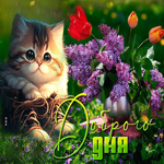 Picture милая открытка с кошечкой и цветами доброго дня!