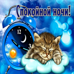 Оригинальная открытка с котиком и часиками Спокойной ночи