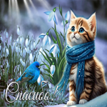 Светлая и веселая гиф-открытка с котиком и птичкой Спасибо