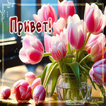 Веселая цветная гиф-открытка с тюльпанами Привет