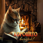 Замечательная открытка с котом у камина Хорошего вечера