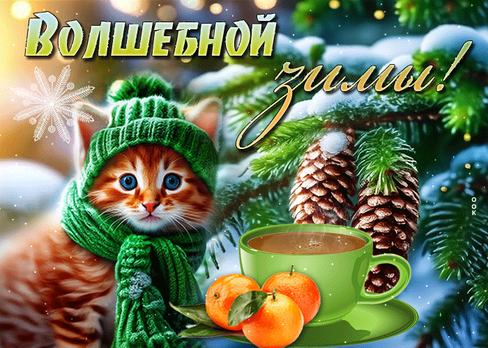 Picture цветастая гиф открытка с кошечкой волшебной зимы