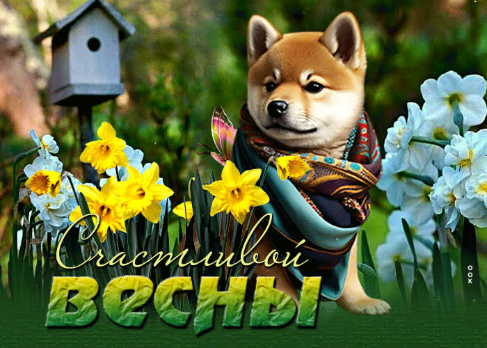 Postcard классная открытка счастливой весны! с цветочками и собакой