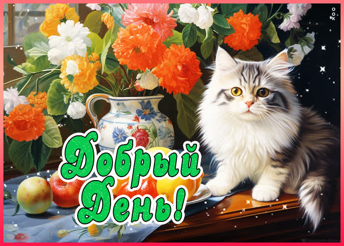 Picture нежная открытка с котиком и цветами добрый день