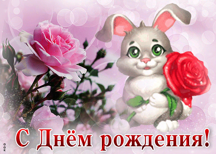 Postcard нежная открытка с зайчиком и розами с днем рождения!