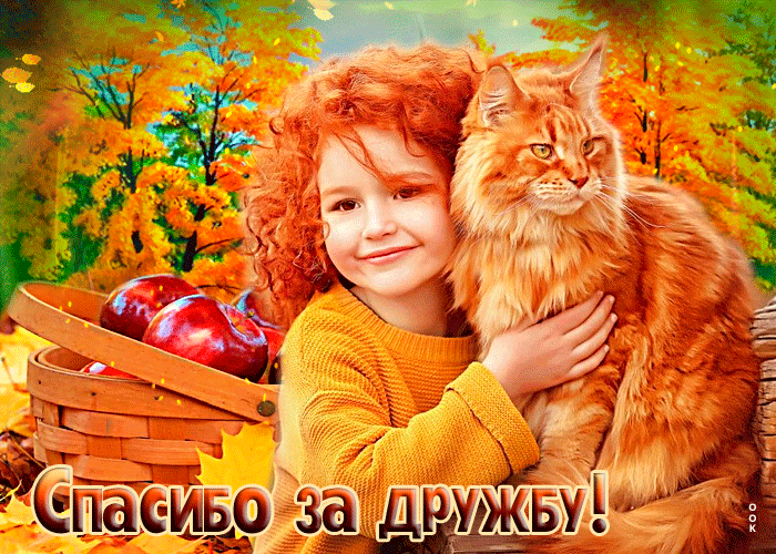 Picture очаровательная открытка спасибо за дружбу! с девочкой и котом