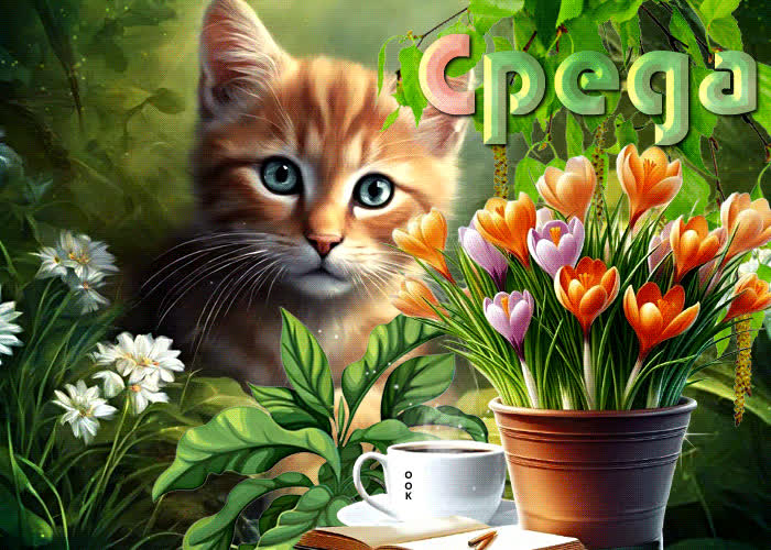 Picture весенняя и легкая гиф-открытка с котиком среда