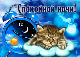 Picture оригинальная открытка с котиком и часиками спокойной ночи