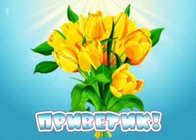 Picture яркая открытка привет! с желтыми тюльпанами